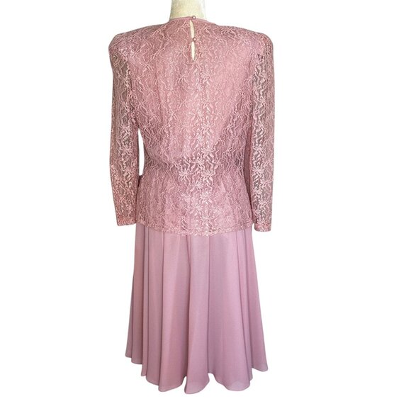 Vintage Pink Lace Dress Sheer Sleeves Bow 80s Party Prom Size 12 - Picture 6 of 12
